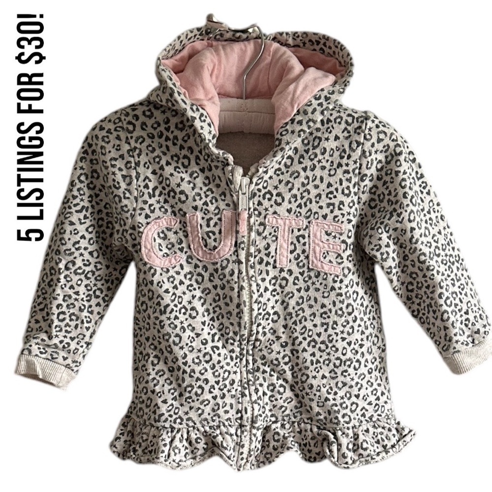 Baby Girl Cheetah “Cute” Print Hoodie Zip Jacket Sweater Cozy 9-12 Months - Picture 2 of 8